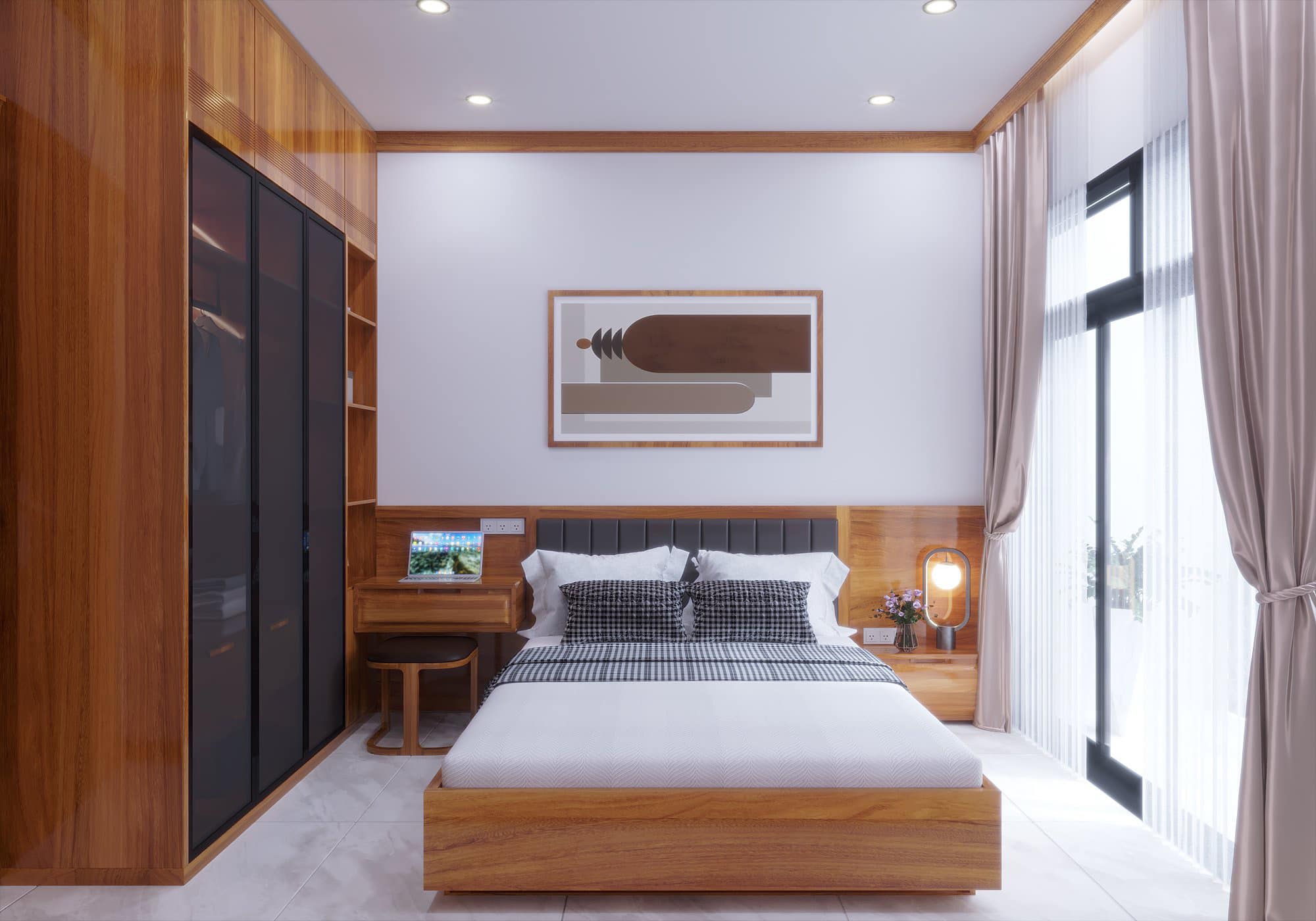 Thiết kế nội thất phòng ngủ tối giản, sử dụng vật liệu tự nhiên